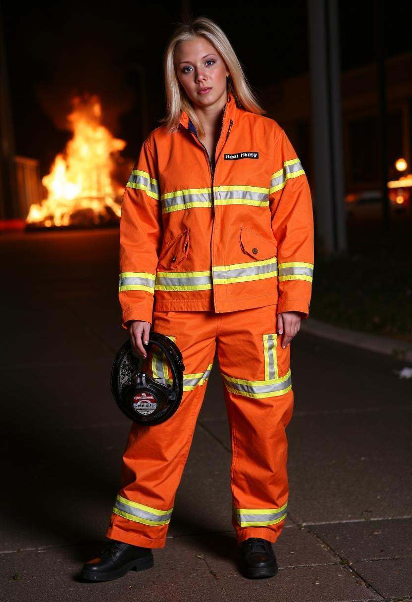 Sandy Fair,  a blonde 21-year-old woman,  stands confidently in her bright orange firefighter jumpsuit with reflective sil...