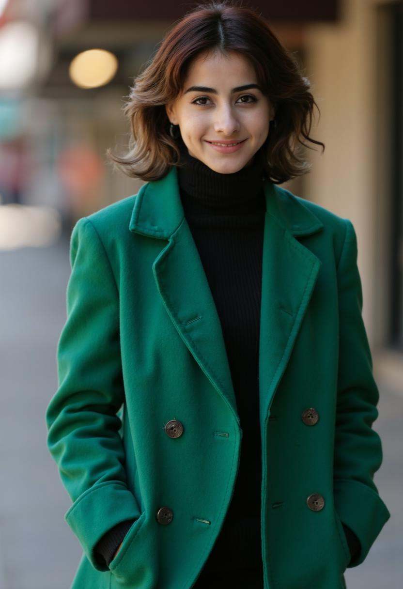Mia Valentine stands confidently in a tailored emerald green wool coat,  搭配一顶﷿线贝雷帽和小巧的围巾,  增添冬日风情。背景是模糊的都市天际线 on Tensor.Art