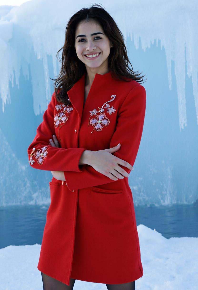 Mia Valentine,  dressed in a form-fitting red coat with intricate white embroideries,  stands with one arm folded casually...