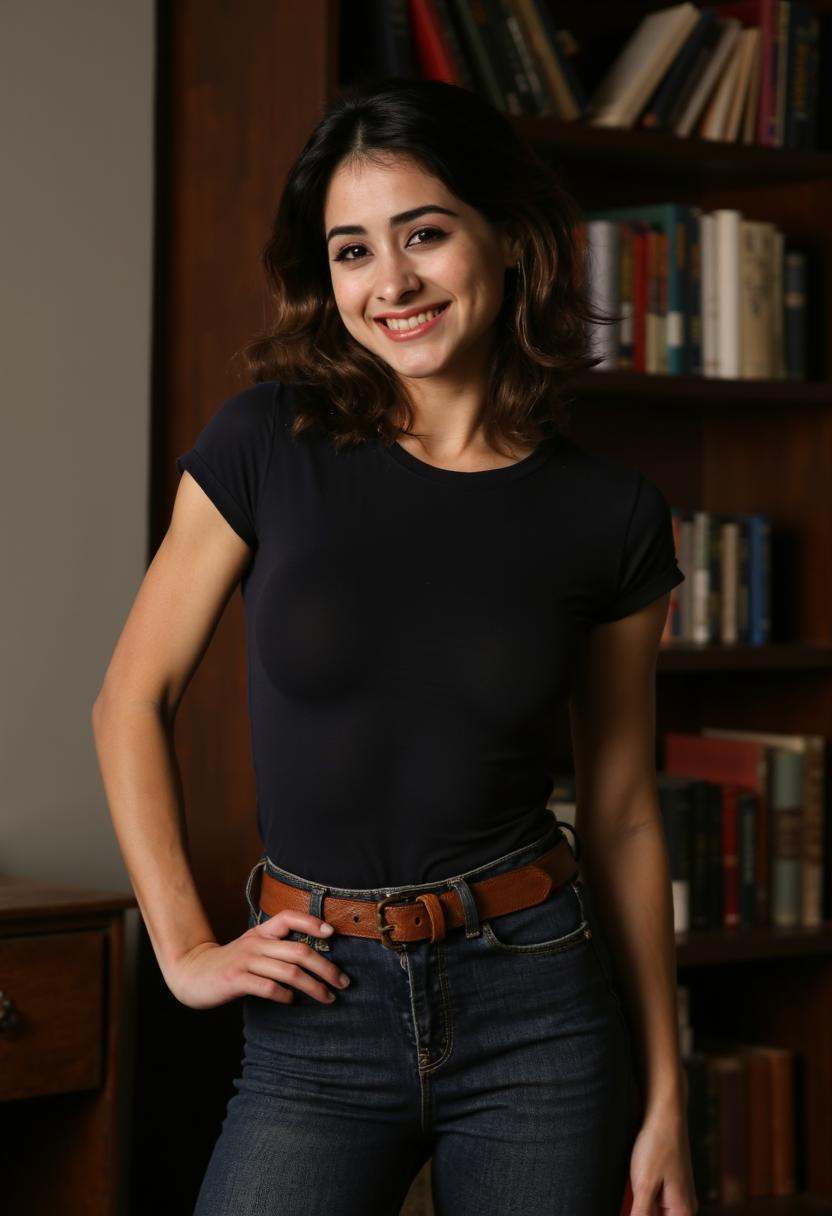 Mia Valentine stands confidently,  adorned in dark wash jeans cinched with a copper belt,  paired with a fitted dark t-shi...