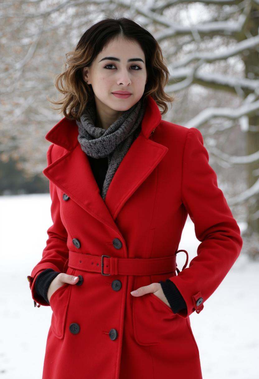 Mia Valentine,  dressed in a fitted red wool pea coat and high-waisted flared jeans,  stands against a backdrop of frosted...