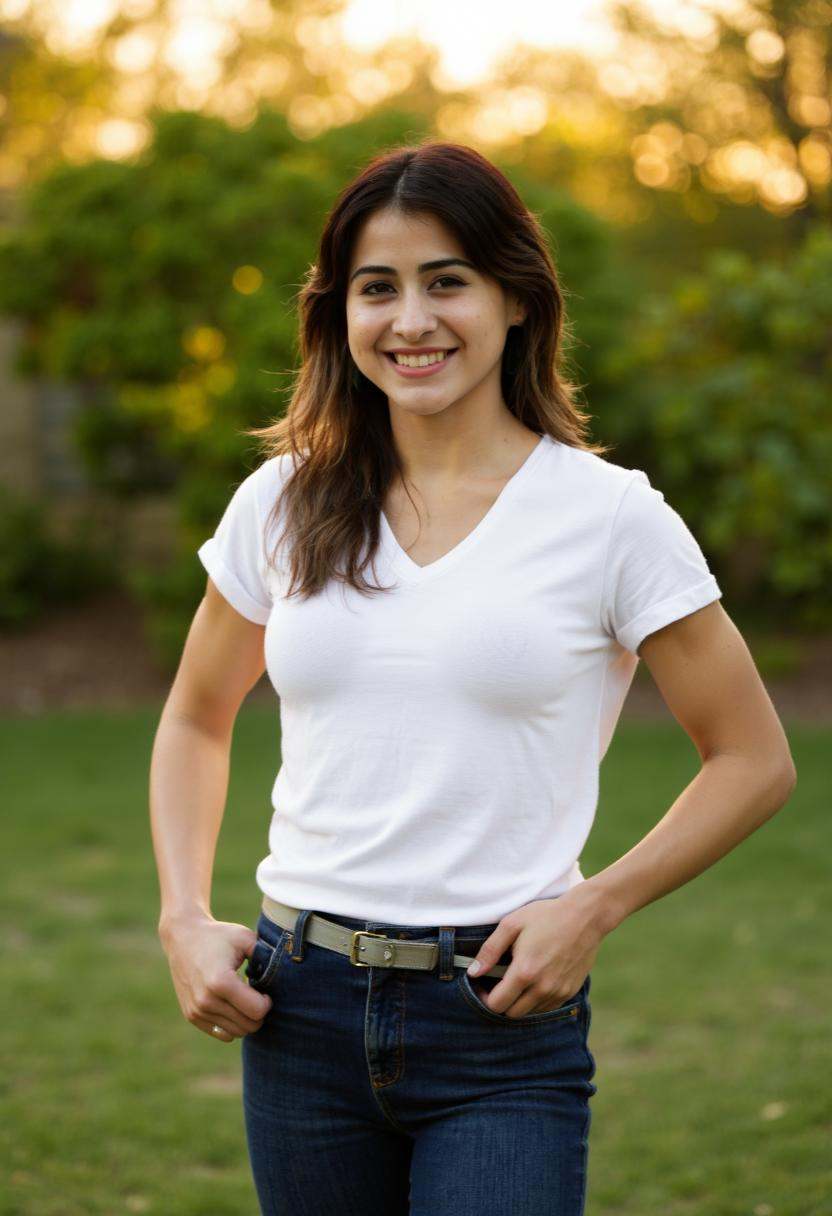 Mia Valentine,  dressed in dark blue jeans and a white t-shirt,  stands confidently with one hand in her pocket and the ot...