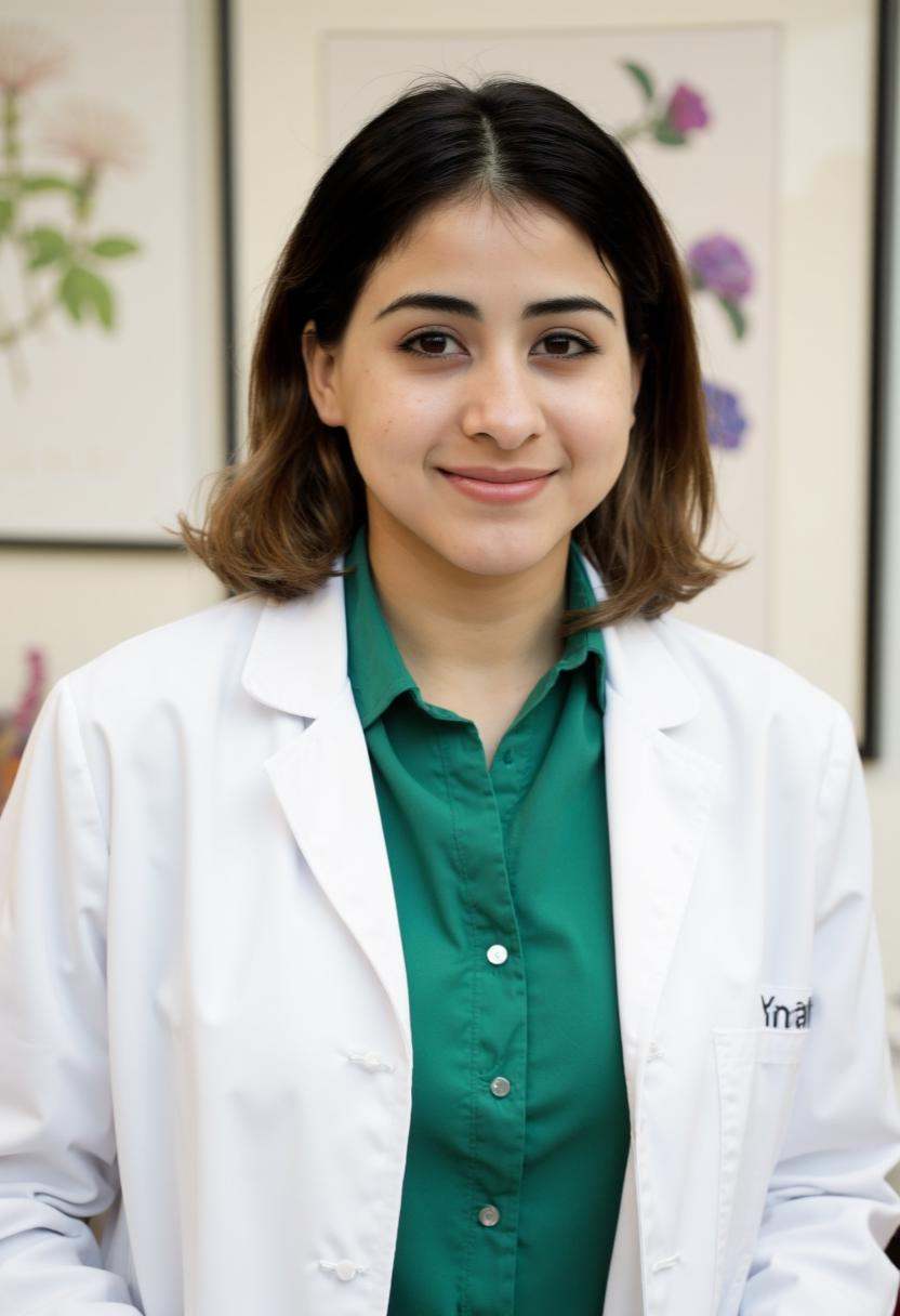 Mia Valentine,  dressed in a crisp white lab coat over a stylish emerald green blouse,  stands against a softly blurred ba...