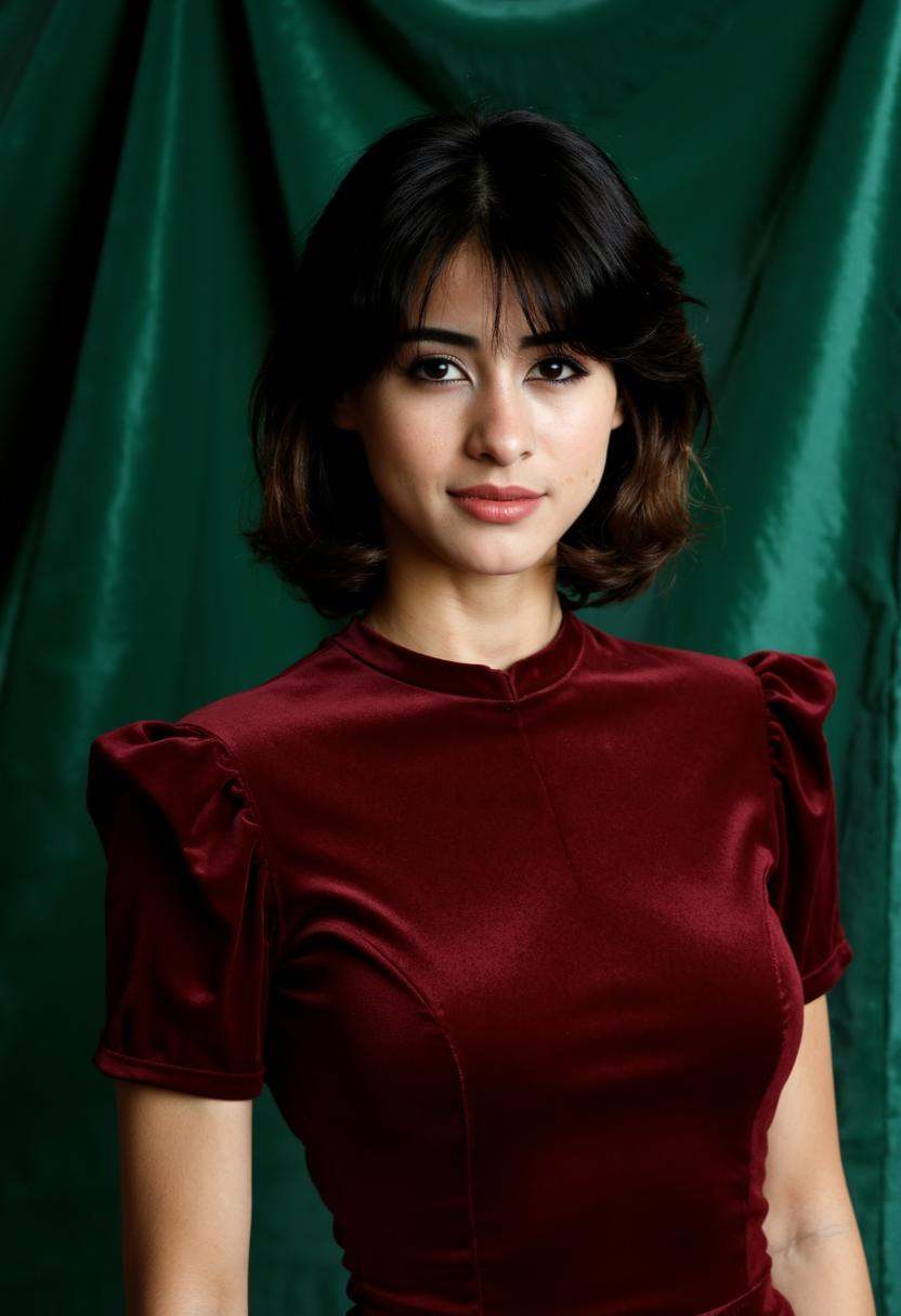 Mia Valentine,  dressed in a form-fitting mid-90s maroon velvet dress with shoulder pads,  gazes confidently at the camera...