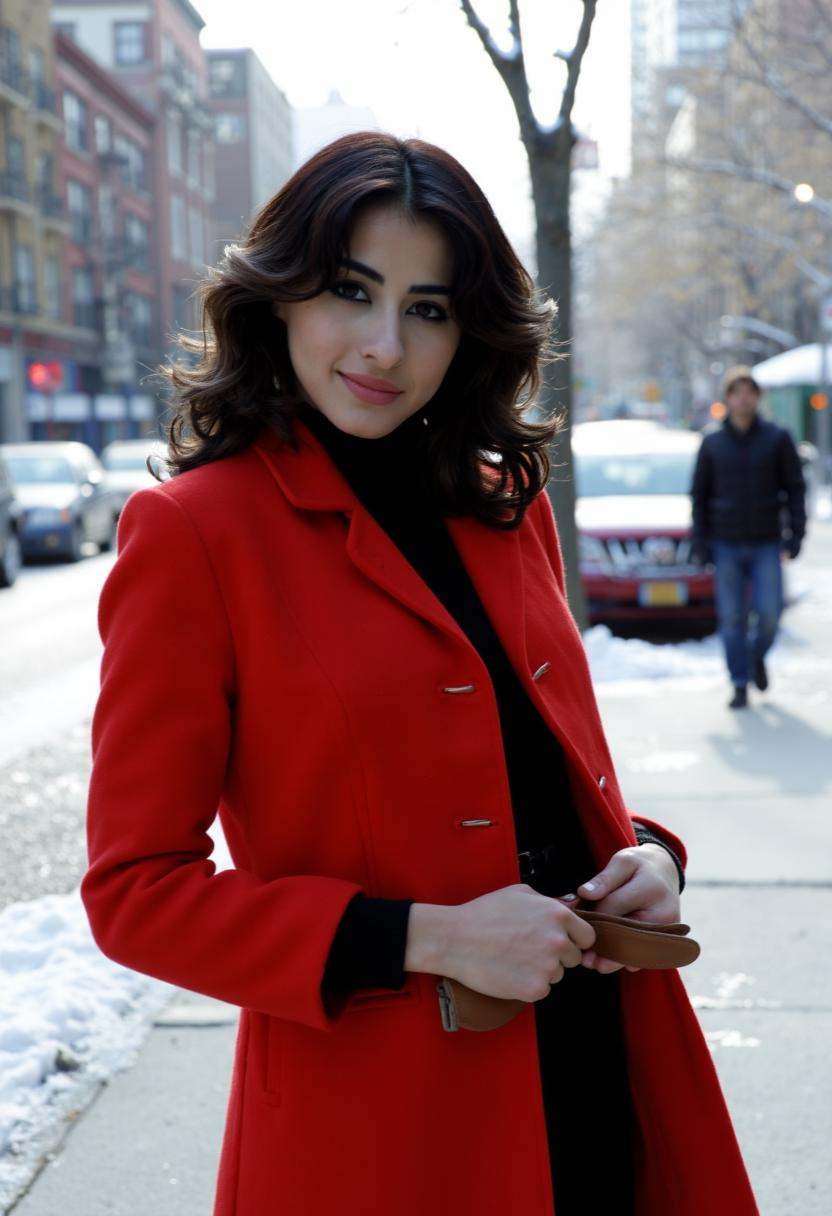 Mia Valentine stands confidently in a tailored red wool coat,  her hair cascading in soft waves,  framing her serene face....