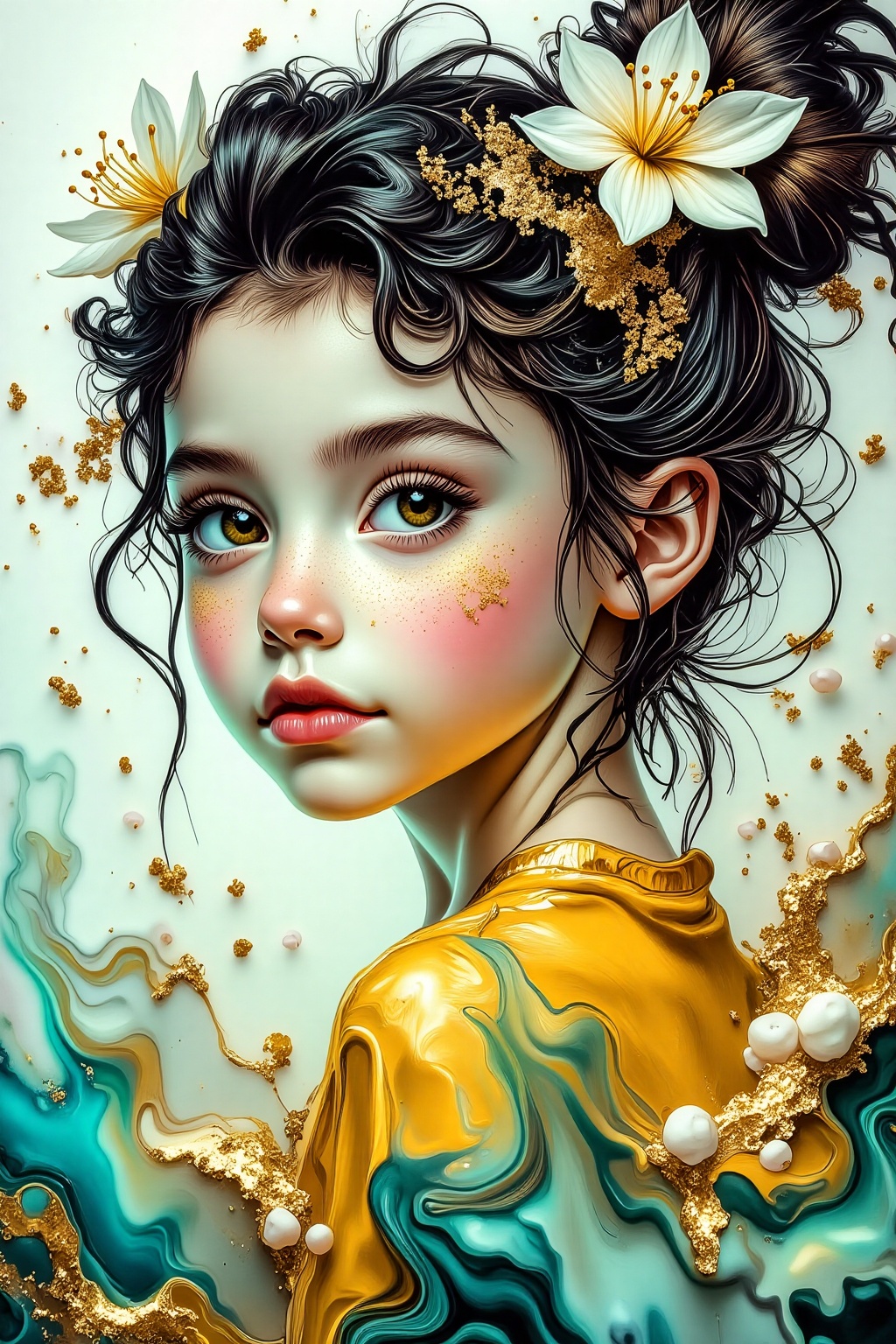Soft,  A surreal alcohol ink of an ethereal girl,  adorned with intricate details on Tensor.Art