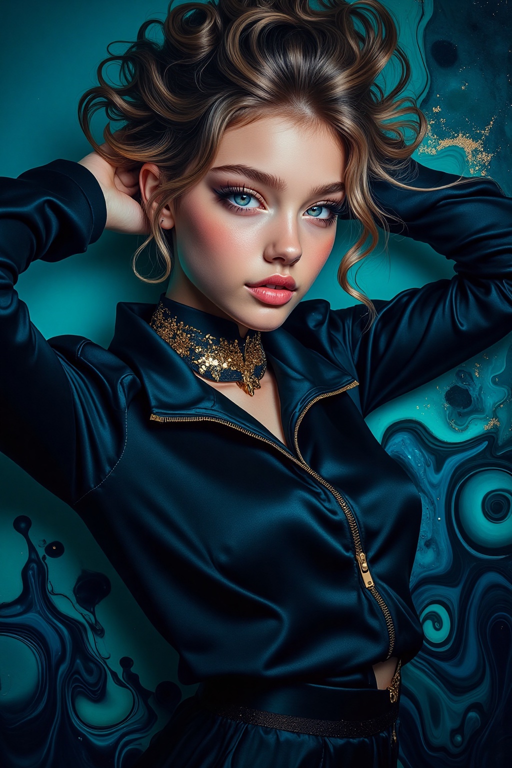 A surreal alcohol ink of an mysterious portrait of a woman in dark blue attire,  adorned with an elegant choker,  her hand...