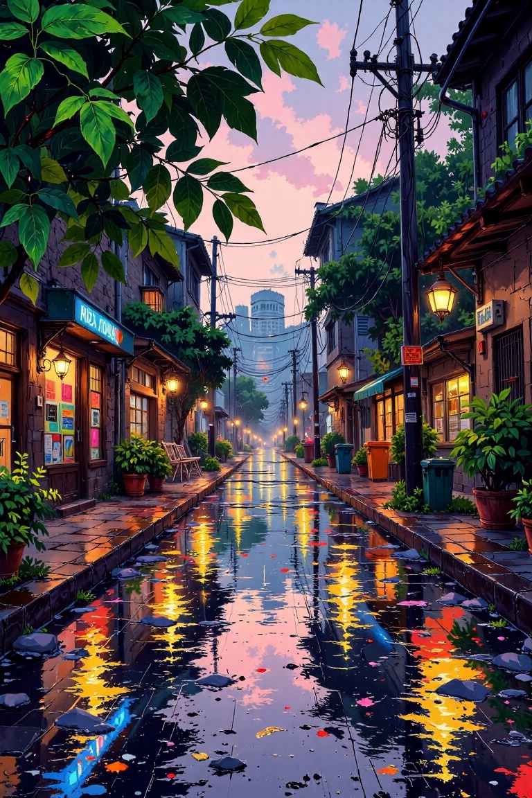 The image depicts a serene,  rain-soaked urban scene at dusk or dawn. The street is wet,  reflecting the colorful lights f...