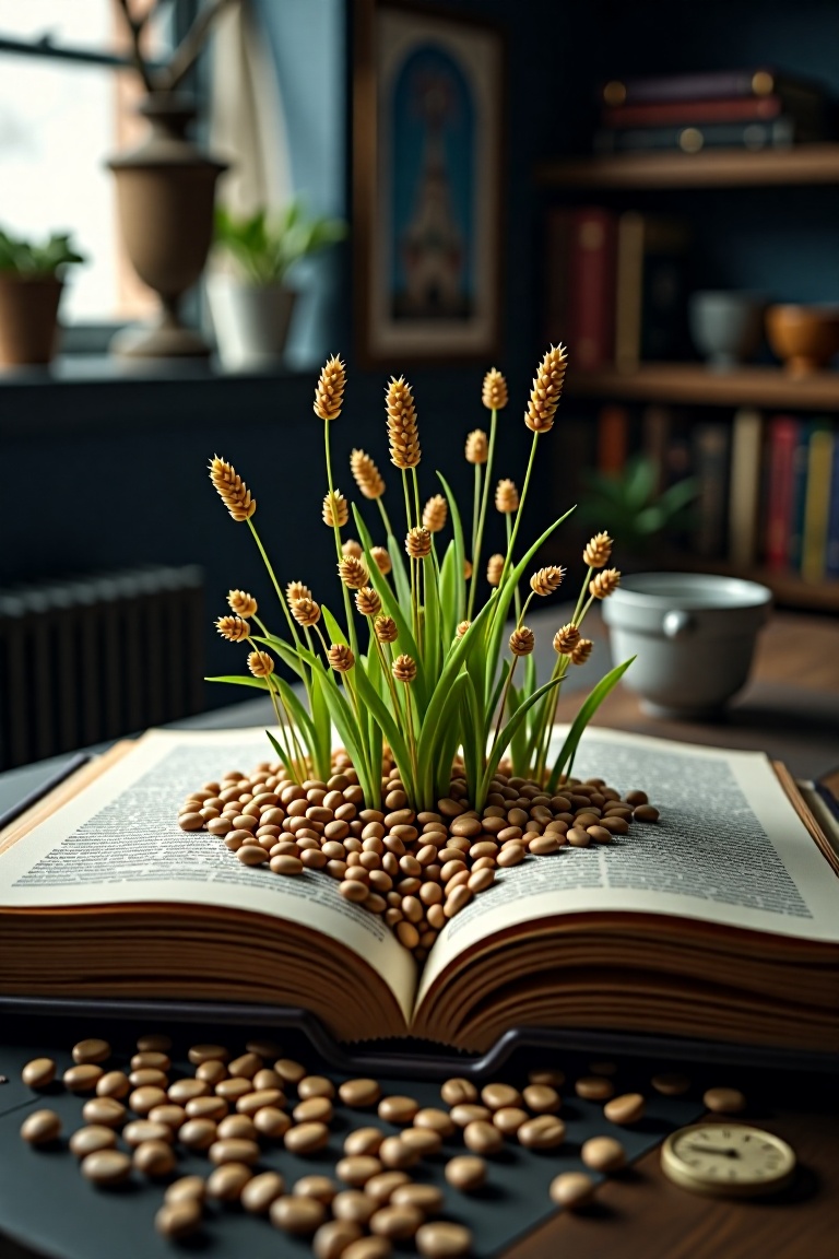 an open book on a table with buckwheat growing up from the page,  Lo-Fi Aesthetics,  Cyberpunk Chaos on Tensor.Art