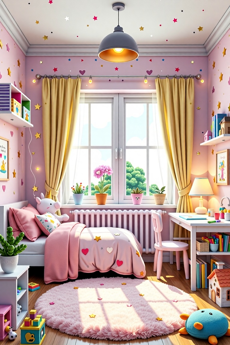 A DFStyleFlux A cozy and colorful children's bedroom designed for a 6-year-old girl. The room features pastel-colored wall...