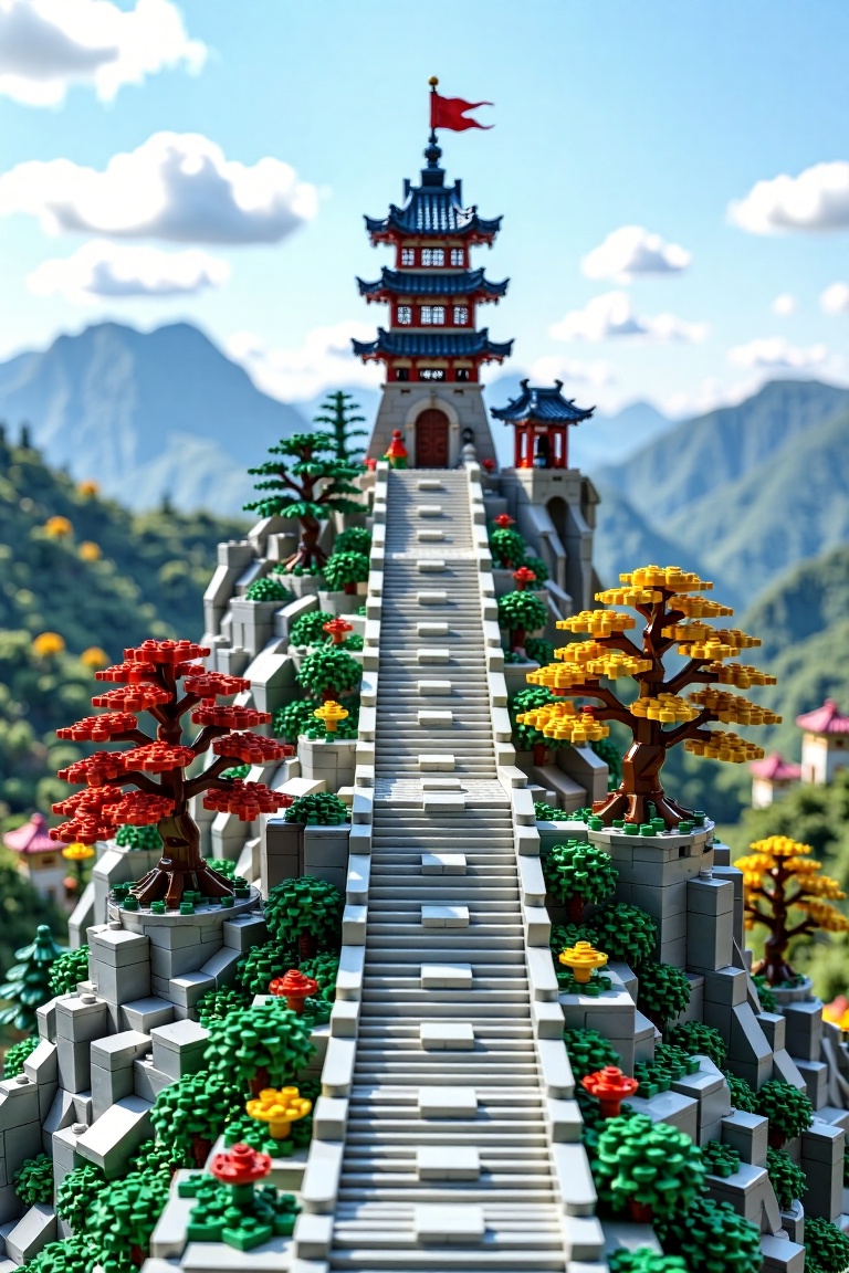 The image depicts a detailed LEGO model of a traditional Chinese landscape. The central focus is a winding stone pathway t...