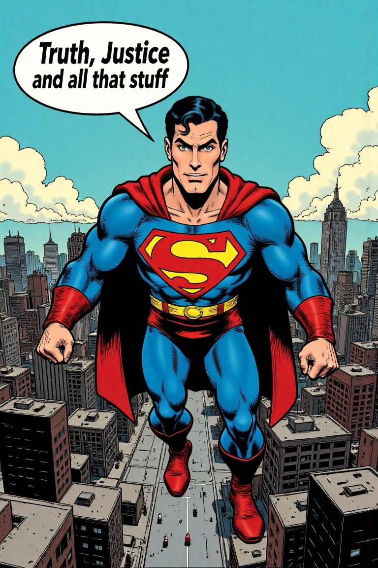 a retro comic illustration of superman with speech bubble "Truth Justice and all that stuff" striking a bold pose flying a...