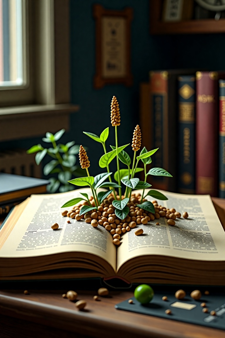 an open book on a table with buckwheat growing up from the page,  Lo-Fi Aesthetics,  Cyberpunk Chaos on Tensor.Art