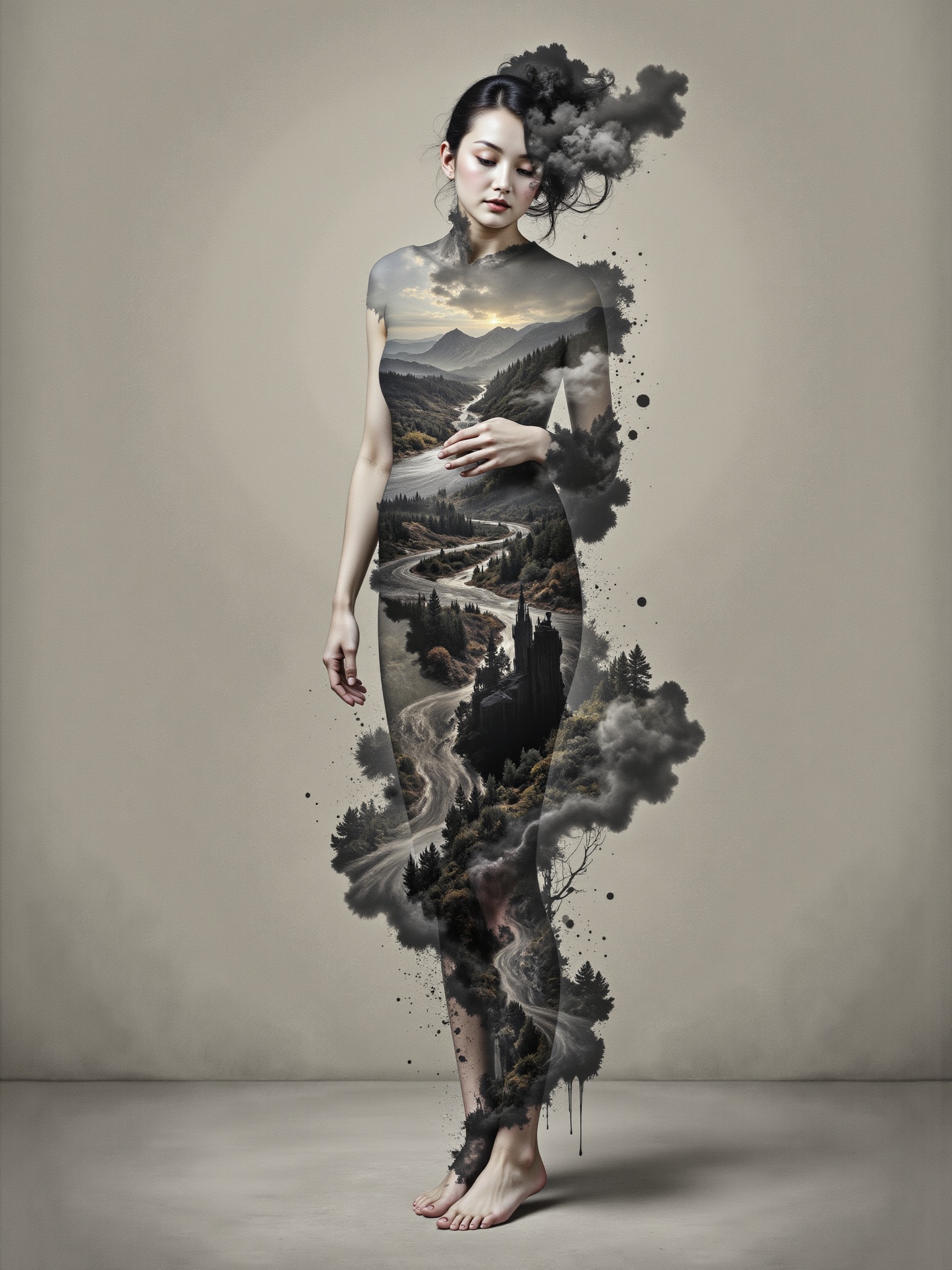 Surreal digital illustration painting in the style of Asa CHEN,  Mystical beauty stands barefoot,  shrouded in charcoal pe...