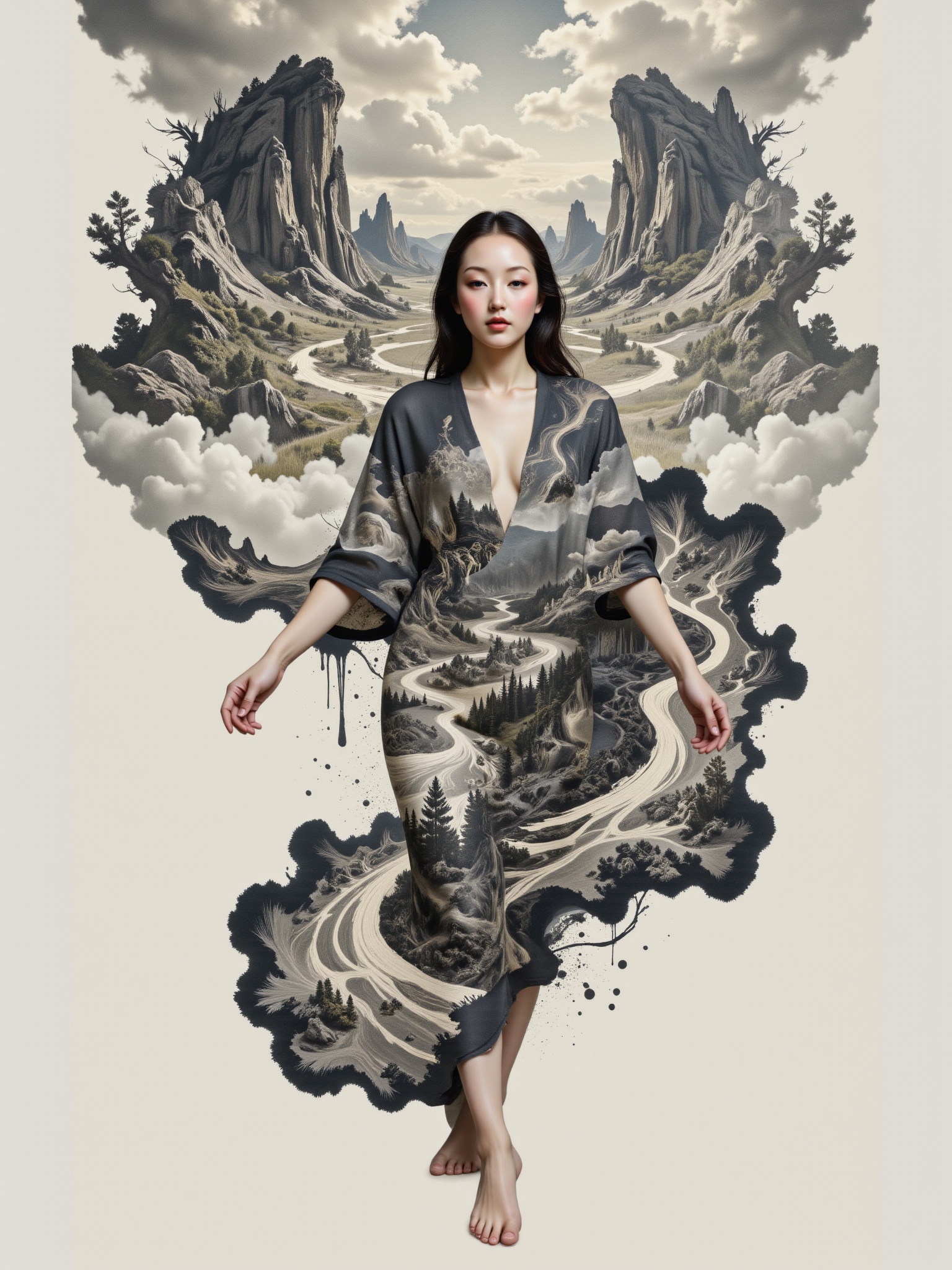 Surreal digital illustration painting in the style of Asa CHEN,  Mystical beauty stands barefoot,  shrouded in charcoal pe...