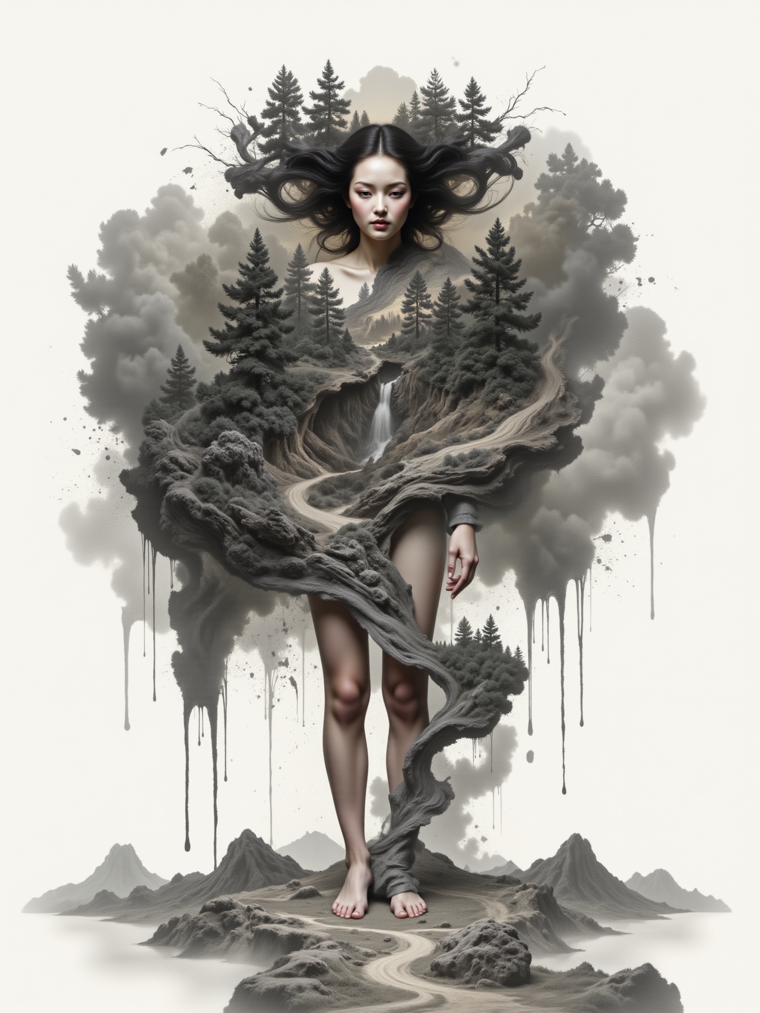 Surreal digital illustration painting in the style of Asa CHEN,  Mystical beauty stands barefoot,  shrouded in charcoal pe...