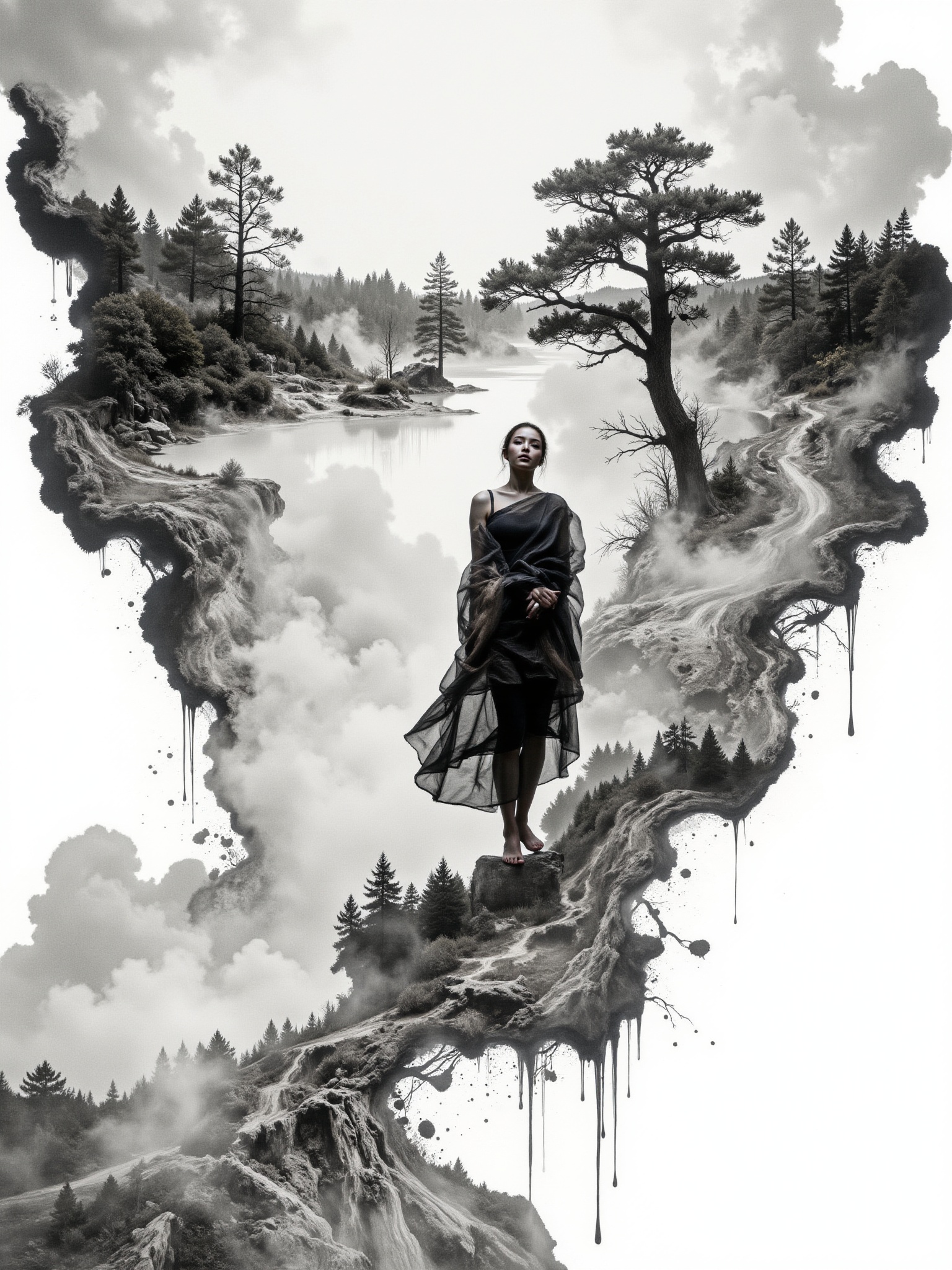 Surreal digital illustration painting in the style of Asa CHEN,  Mystical beauty stands barefoot,  shrouded in charcoal pe...