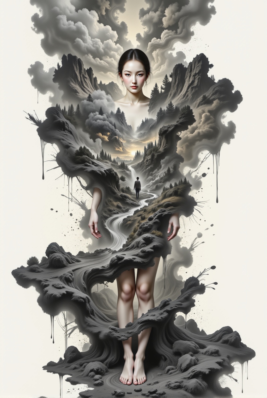 ((( Face))),  Surreal digital illustration painting in the style of Asa CHEN,  Mystical beauty stands barefoot on Tensor.Art