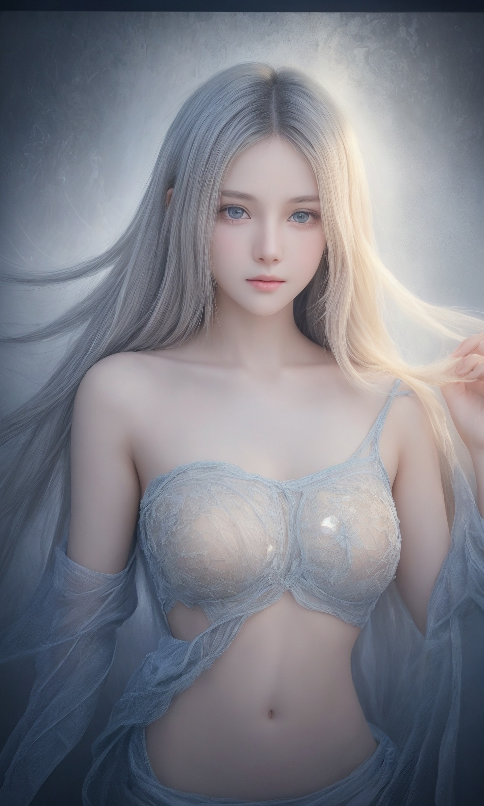 Ultra detailed realistic of a young girl lost in a magical world full of wonders,  unique luminous flora never seen before...