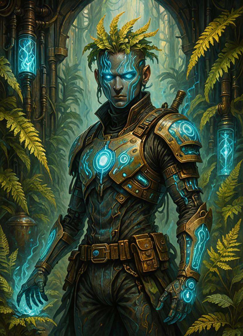 DonM5734mPunk1lluXL2,  cyber punk,  male warrior ( tapestry pile weave ephemeral spectral whirling barnsley fern moonbow a...