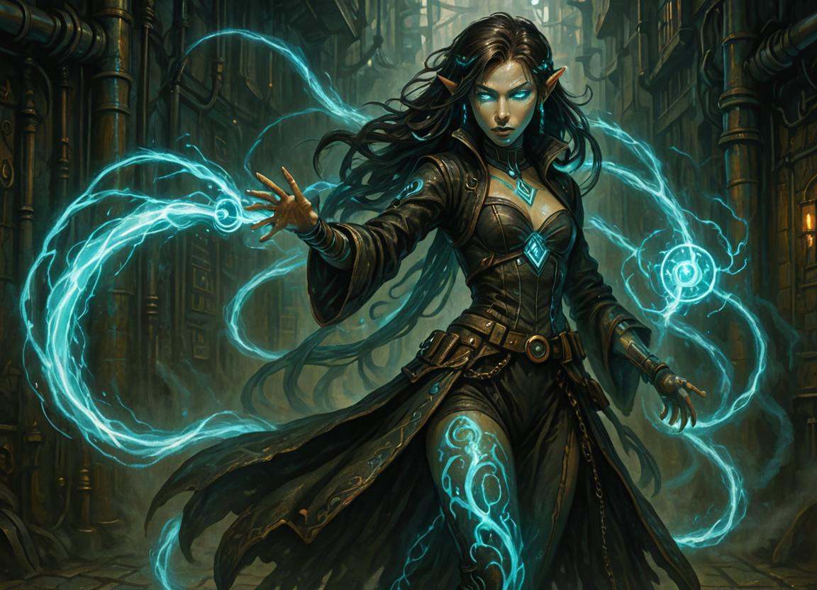 DonM5734mPunk1lluXL2,  cyber punk,  aether female sorceress poison magic swirling transparent on Tensor.Art