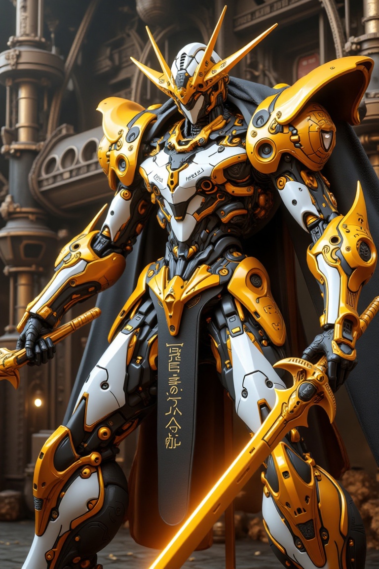 A photorealistic depiction of an golden and white mecha fighter in a dynamic action pose,  wielding dual swords. The scene...