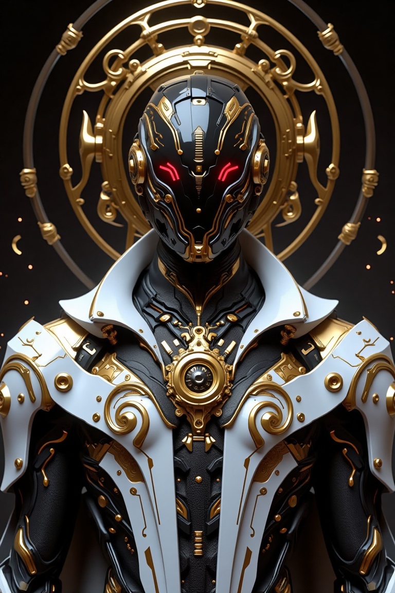 A divine humanoid android with a sacred,  futuristic design,  front-facing portrait. The figure has a smooth on Tensor.Art