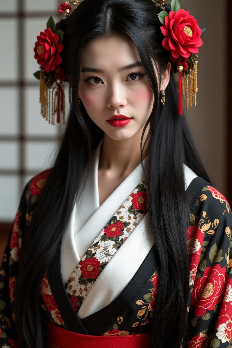 A striking portrait of a Japanese girl,  longhair,  beautiful. Her gorgeous kimono drapes elegantly down her body on Tenso...