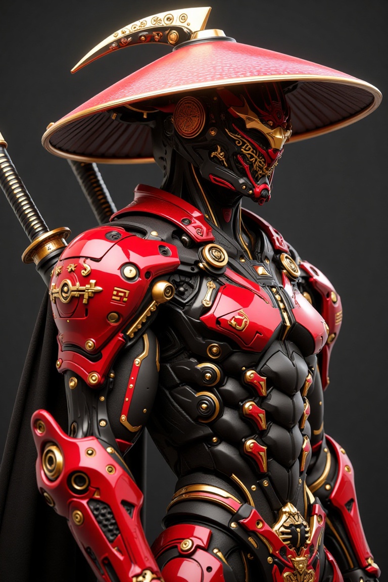 A cybernetic samurai warrior in a highly detailed and futuristic armor design,  side profile view. The armor is a blend of...