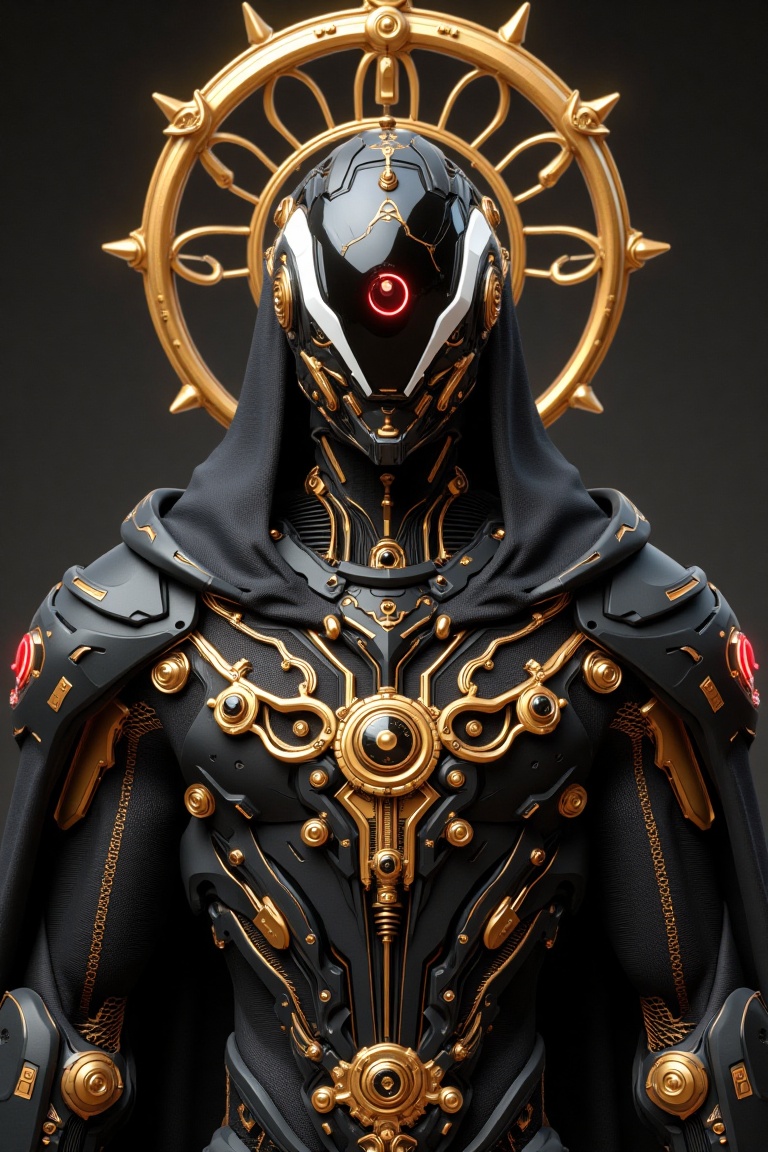 A divine humanoid android with a sacred,  futuristic design,  front-facing portrait. The figure has a smooth on Tensor.Art