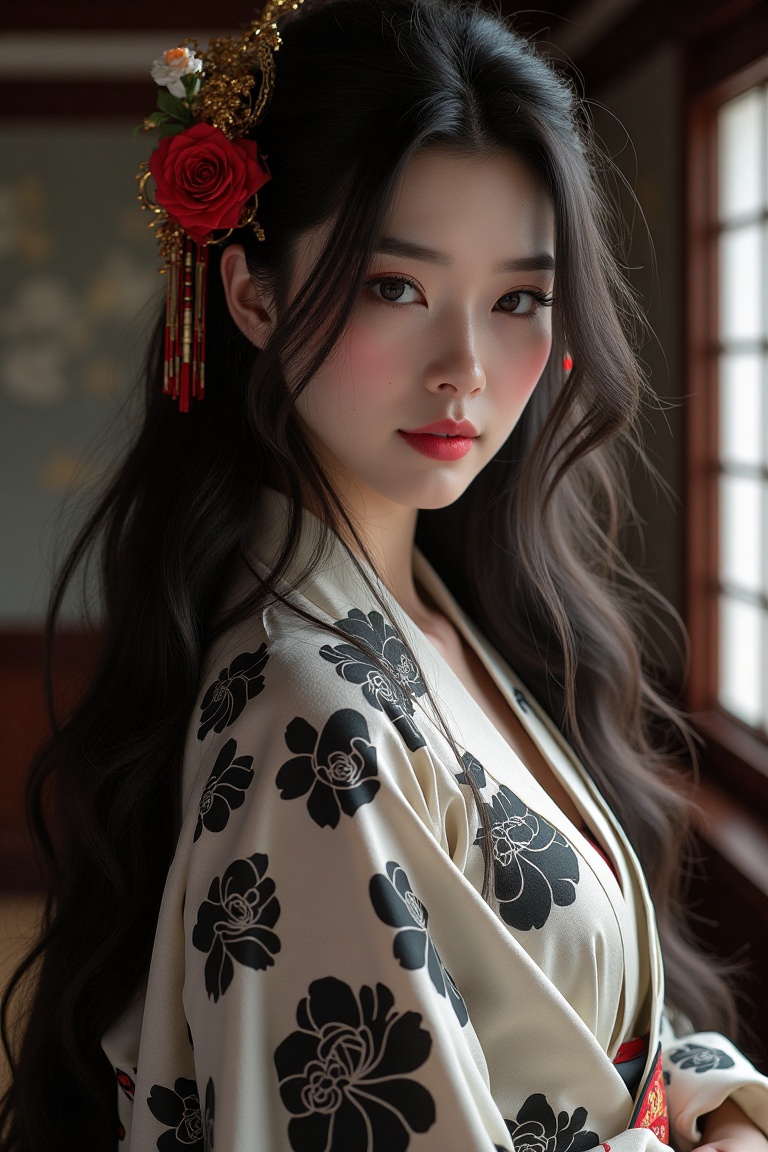 A striking portrait of a Japanese girl,  longhair,  beautiful. Her gorgeous kimono drapes elegantly down her body on Tenso...