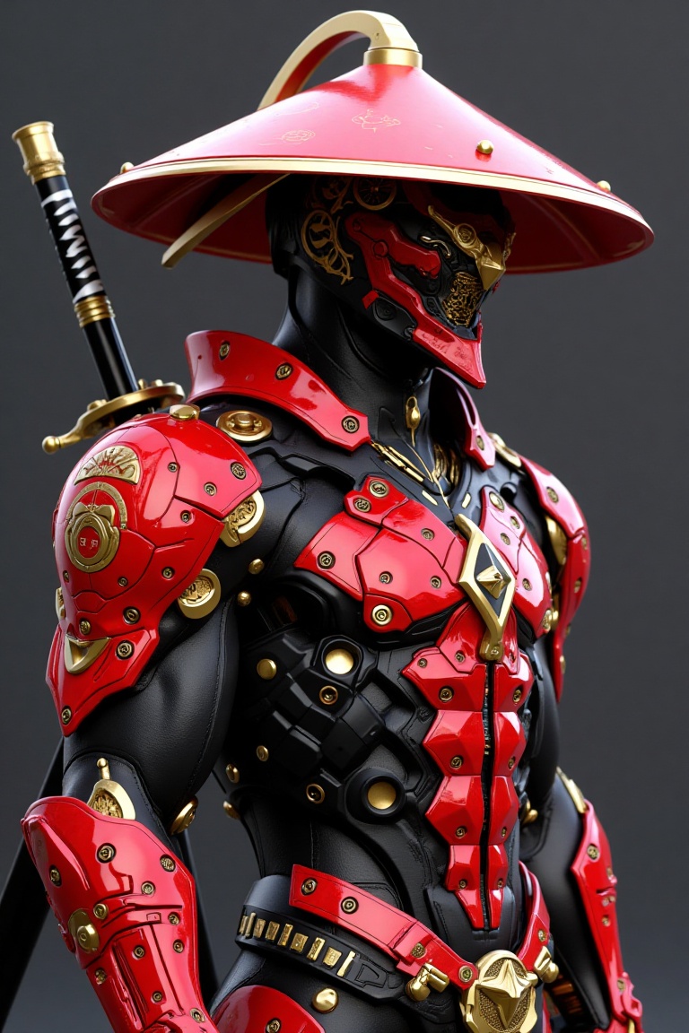 A cybernetic samurai warrior in a highly detailed and futuristic armor design,  side profile view. The armor is a blend of...