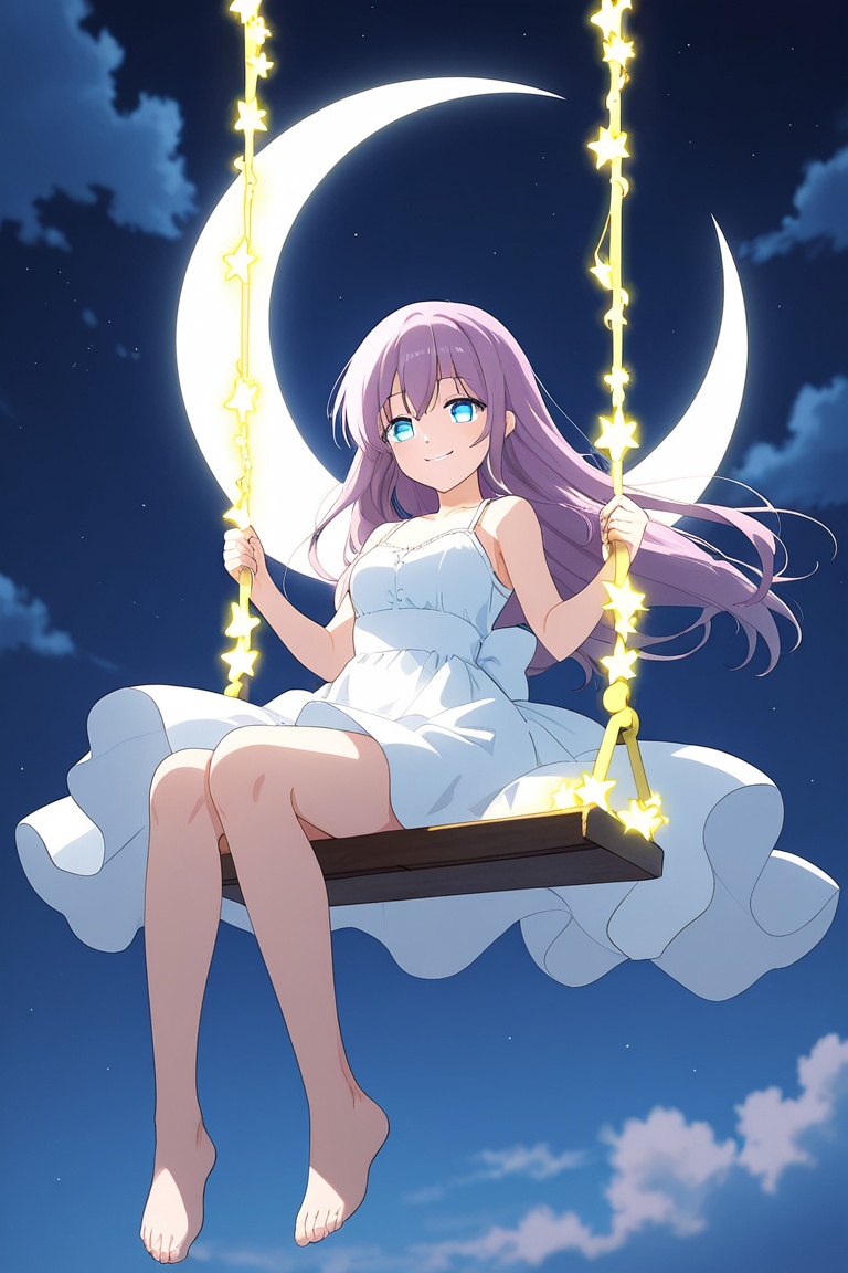 Soft anime girl in crescent-moon shaped swing,  glowing stars,  dreamy smile on Tensor.Art