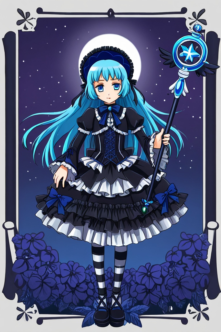Magical girl with blue hair and blueberry staff,  gothic lolita outfit,  midnight sky on Tensor.Art