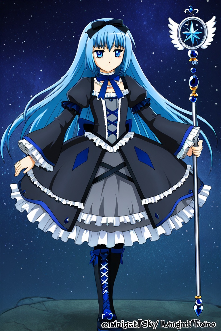 Magical girl with blue hair and blueberry staff,  gothic lolita outfit,  midnight sky on Tensor.Art