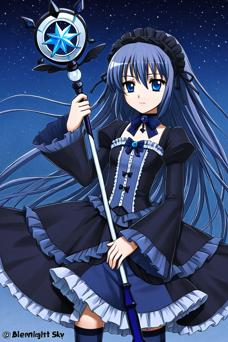 Magical girl with blue hair and blueberry staff,  gothic lolita outfit,  midnight sky on Tensor.Art