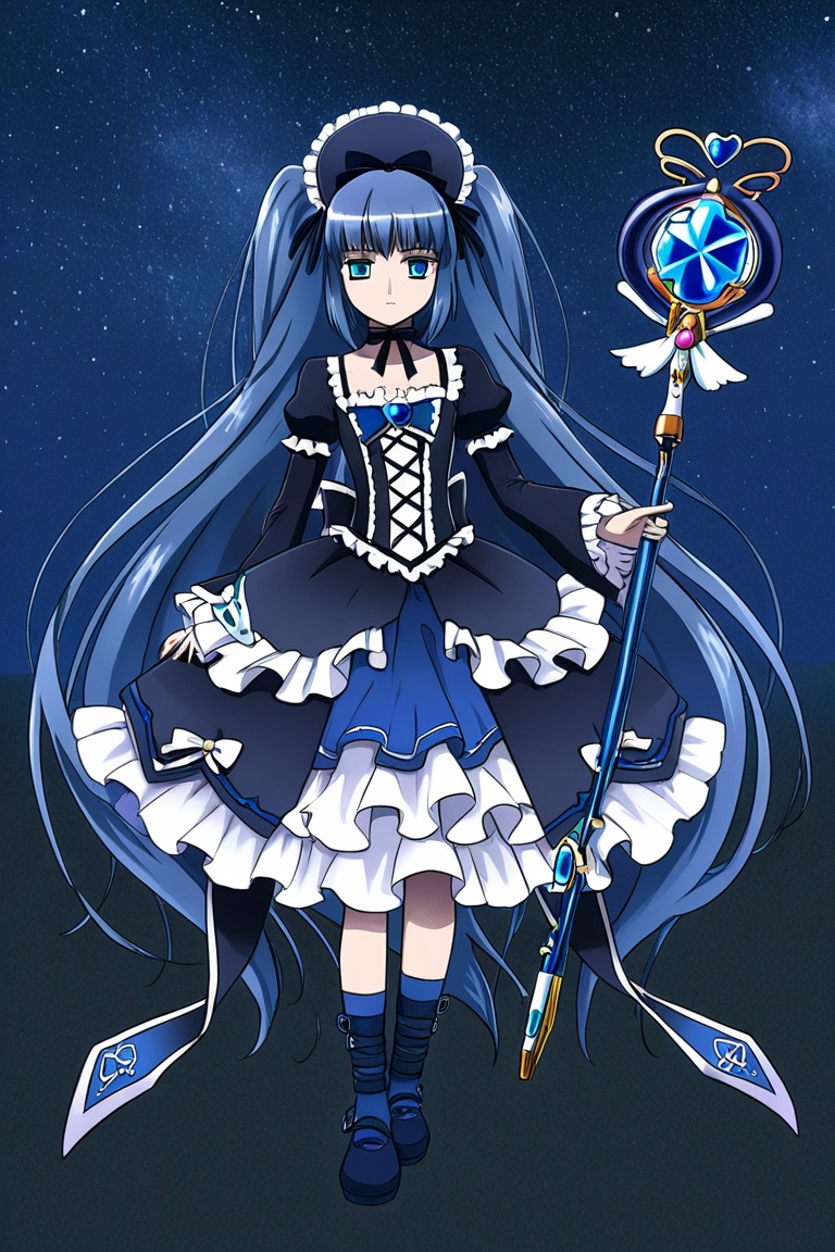 Magical girl with blue hair and blueberry staff,  gothic lolita outfit,  midnight sky on Tensor.Art