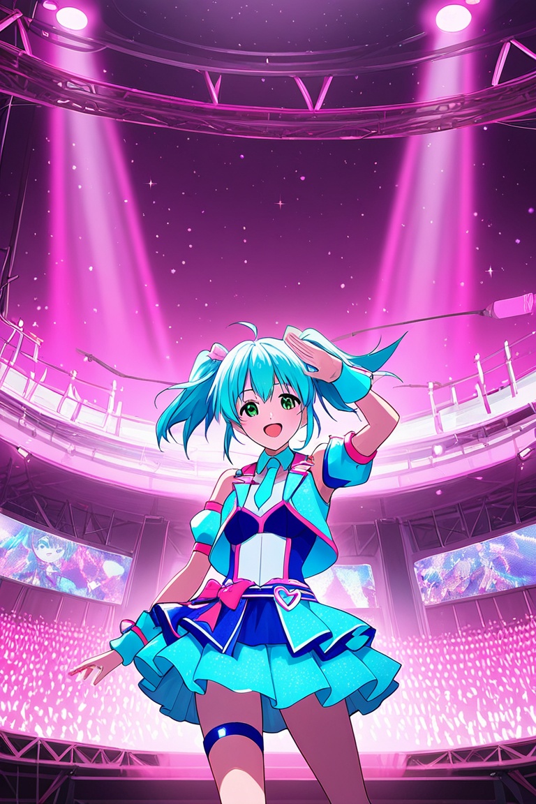 Idol anime girl in neon pink and electric blue outfit,  futuristic concert stage on Tensor.Art
