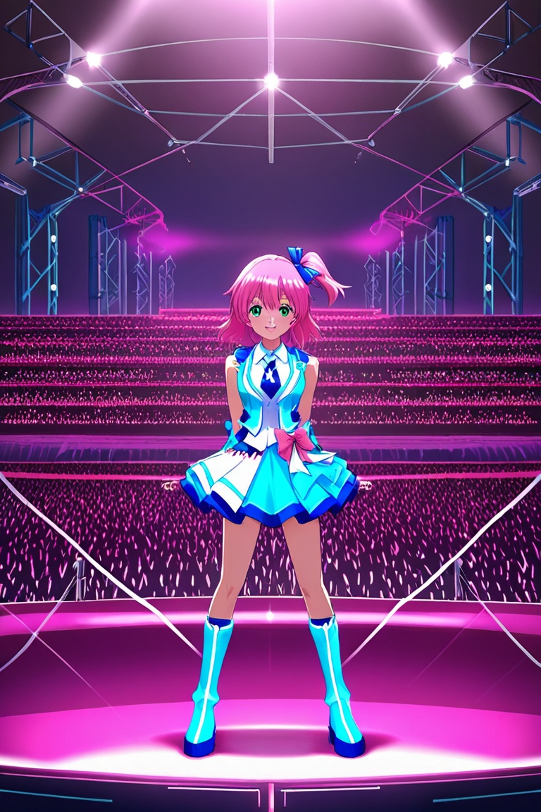 Idol anime girl in neon pink and electric blue outfit,  futuristic concert stage on Tensor.Art