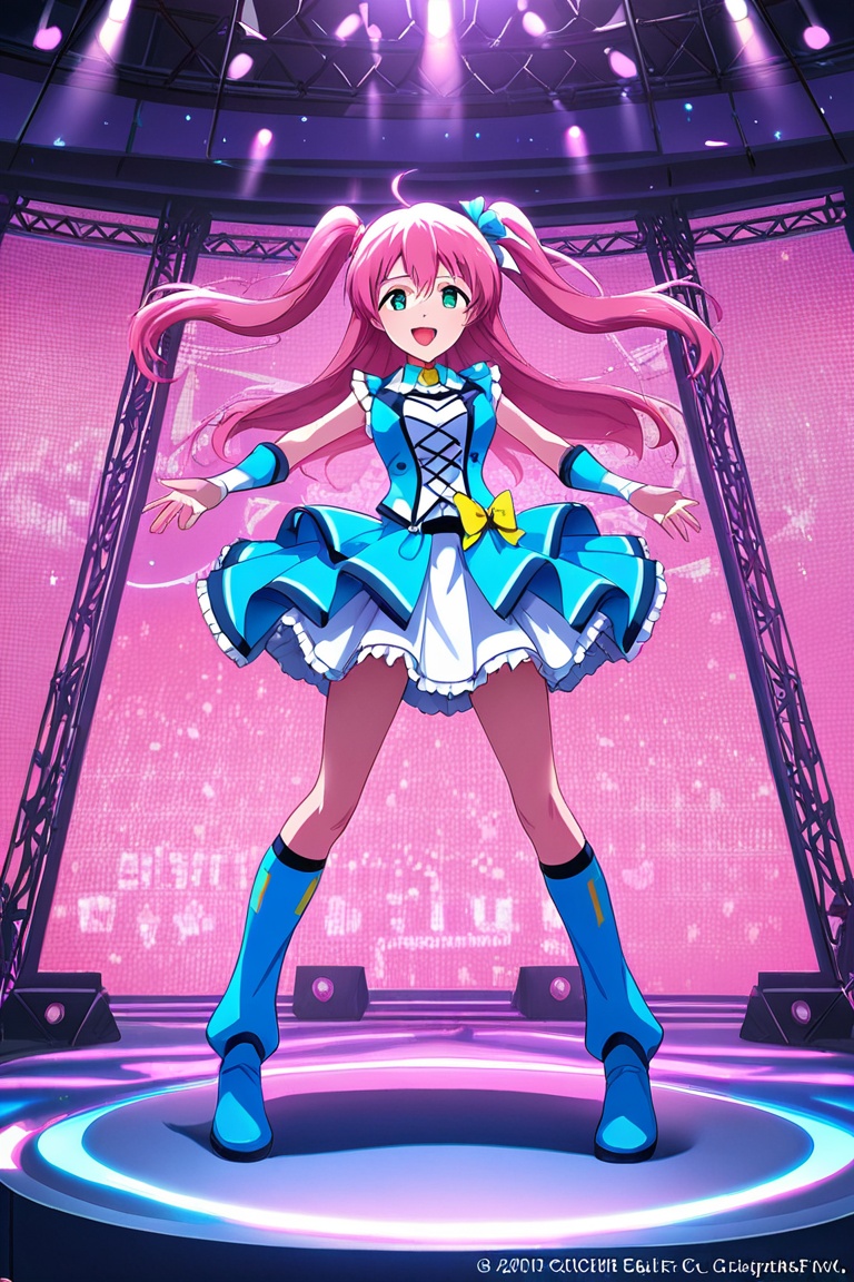 Idol anime girl in neon pink and electric blue outfit,  futuristic concert stage on Tensor.Art