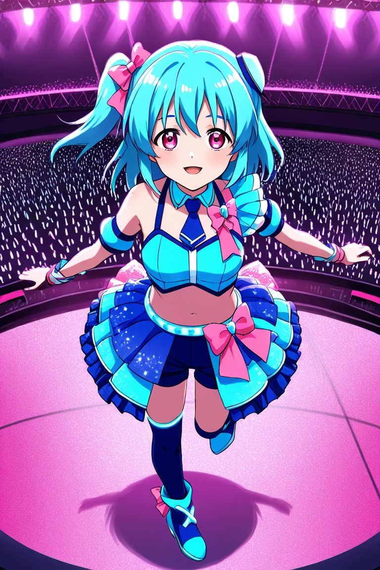 Idol anime girl in neon pink and electric blue outfit,  futuristic concert stage on Tensor.Art