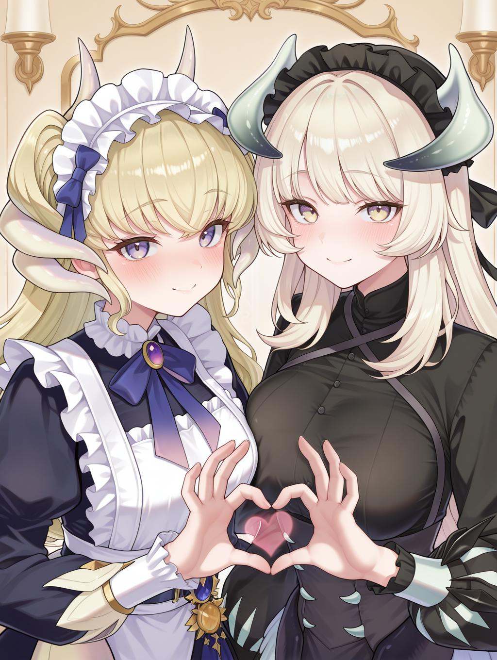 2girls,  heart hands duo,  smile on Tensor.Art