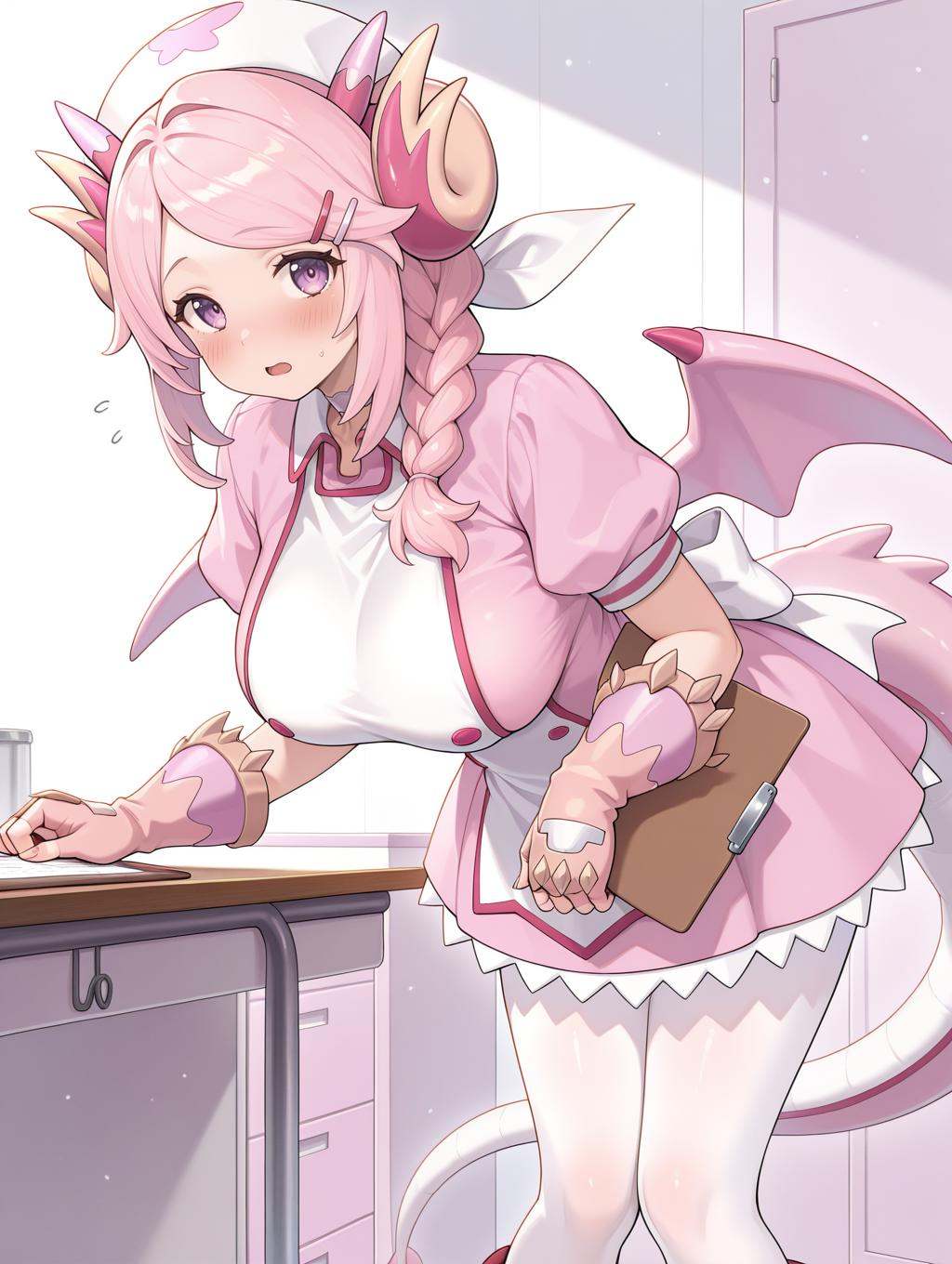 white nurse cap,  nurse dragonmaid,  pink wings on Tensor.Art