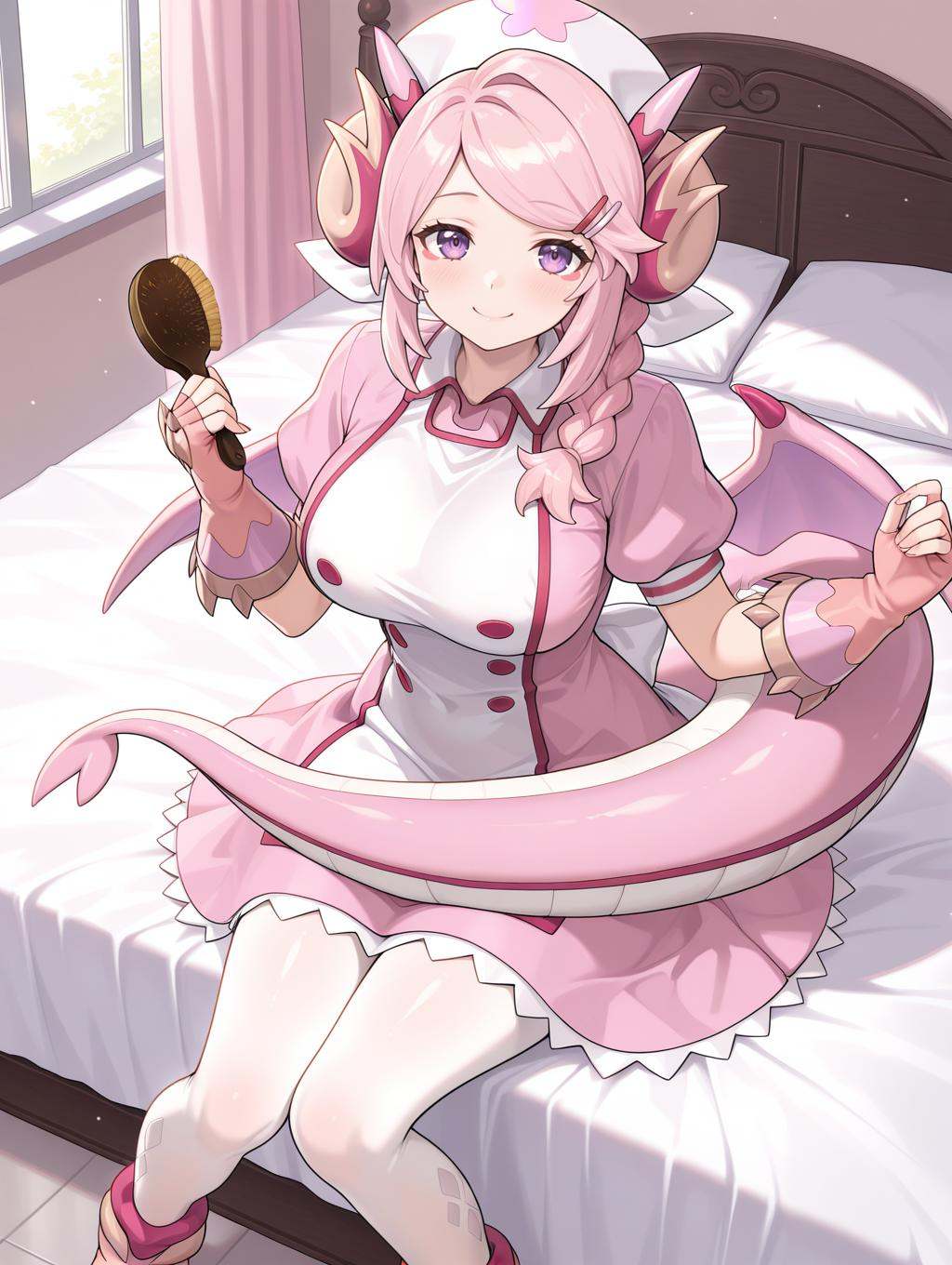white nurse cap,  nurse dragonmaid,  pink wings on Tensor.Art