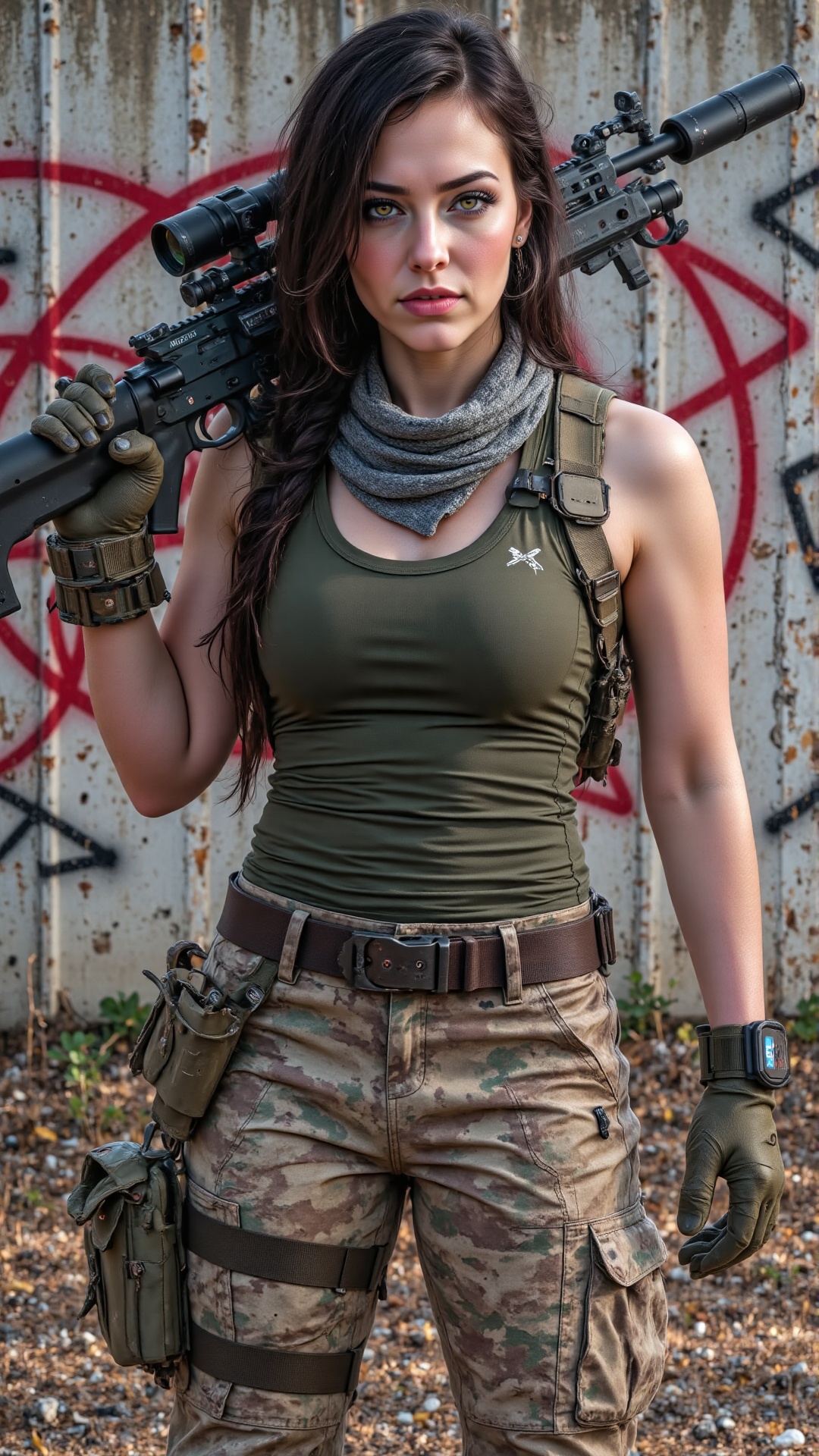 "A highly detailed portrait of a fierce,  attractive female soldier standing against a concrete wall with red and black gr...