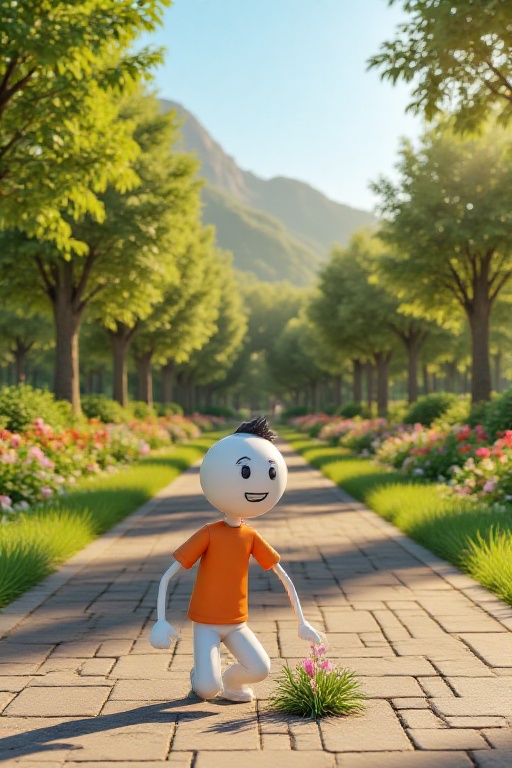 Stick-Figure,  3d,  crouching down to inspect a flower in a vibrant garden. The figure has a curious face on Tensor.Art