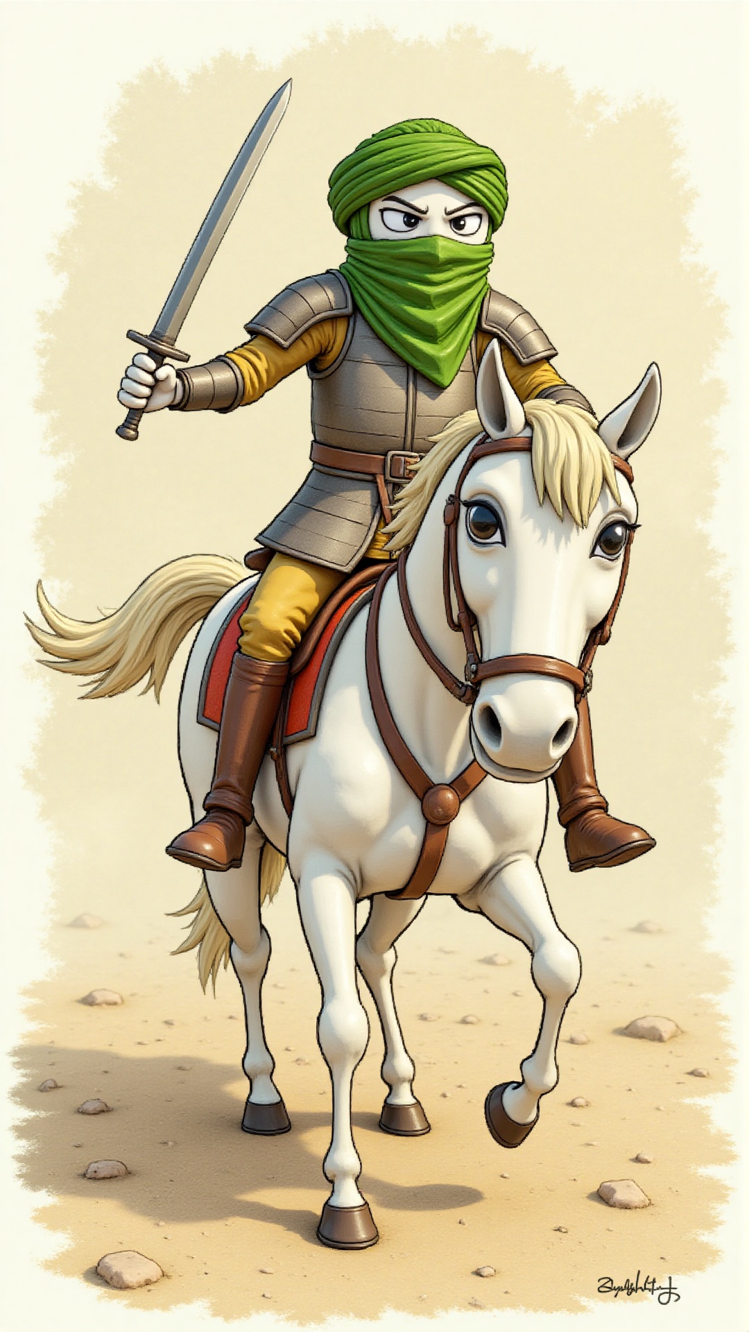 Stick-Figure,  clad in traditional armor and a green turban,  sitting astride a white horse. He holds a sword on Tensor.Art