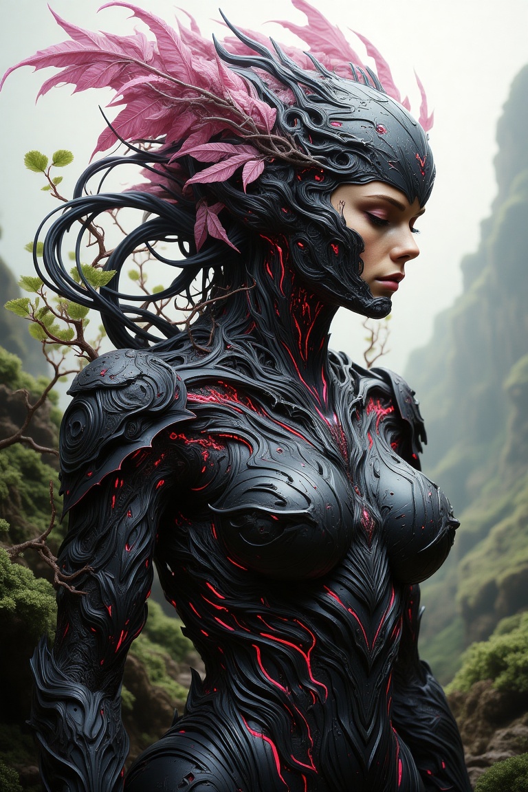 The image depicts a futuristic and nature-inspired character. The figure is adorned with intricate,  black,  and metallic...