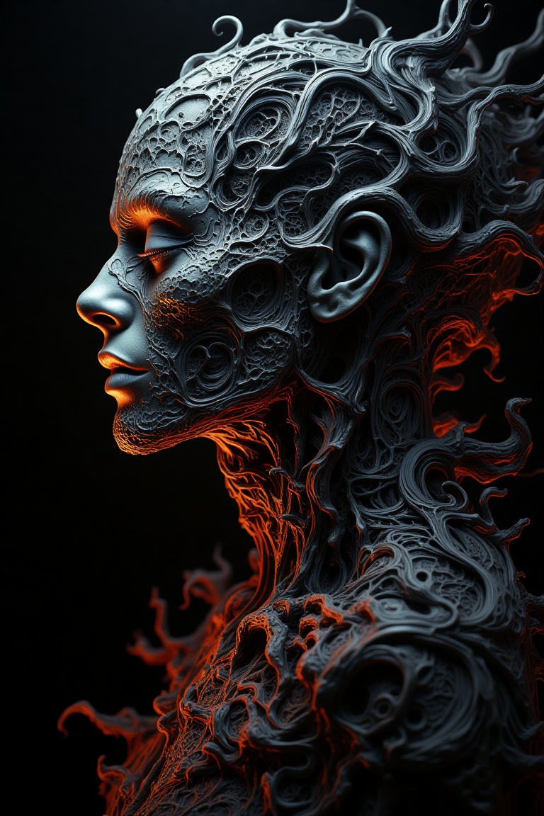This double - exposure image is filled with mysterious hues,  A highly detailed of a human face,  rendered in a digital me...