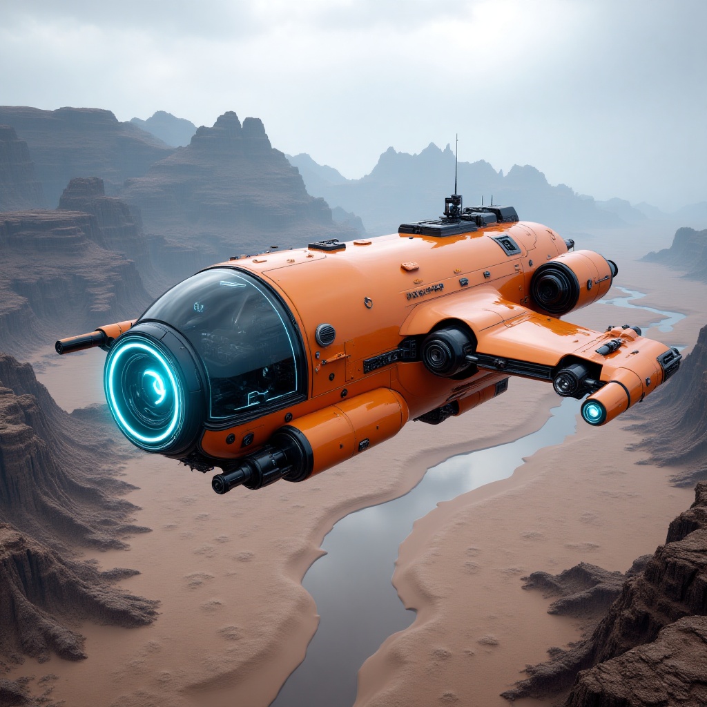 A futuristic spaceship with a vibrant orange color hovers over a desert-like alien planet. The ship's design is aerodynami...